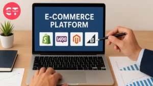 Business owner analyzing eCommerce platforms on a laptop screen, including Shopify, WooCommerce, Magento, and BigCommerce, for building an online store.